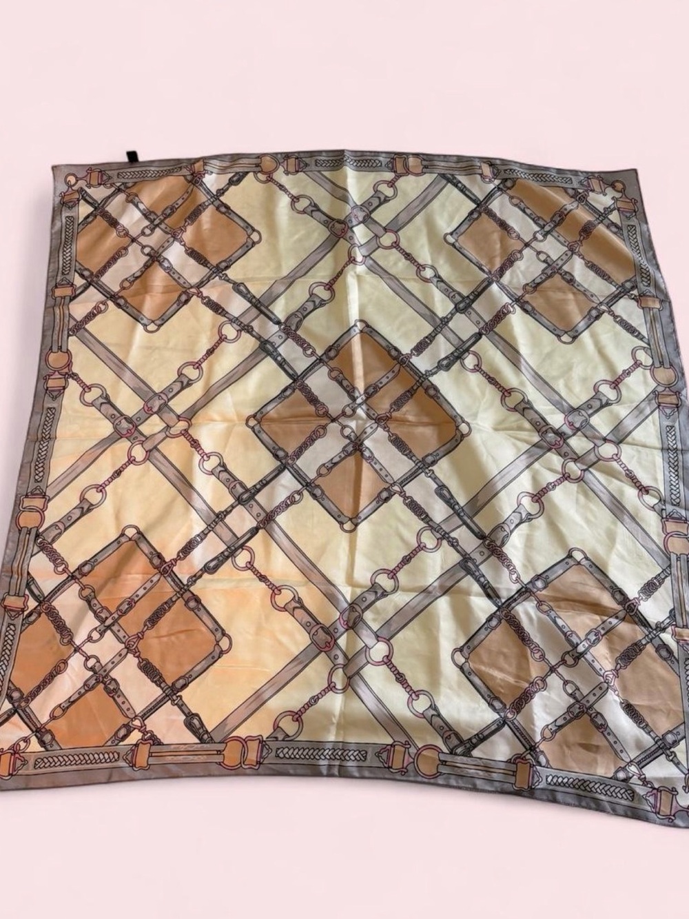 Silk Like Scarf with Brown & Cream Equine Chain Print